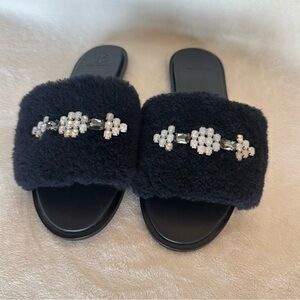 Tory Burch Aspen Crystal Embellished Black Shearling Sheep Slide Sandal Size 9